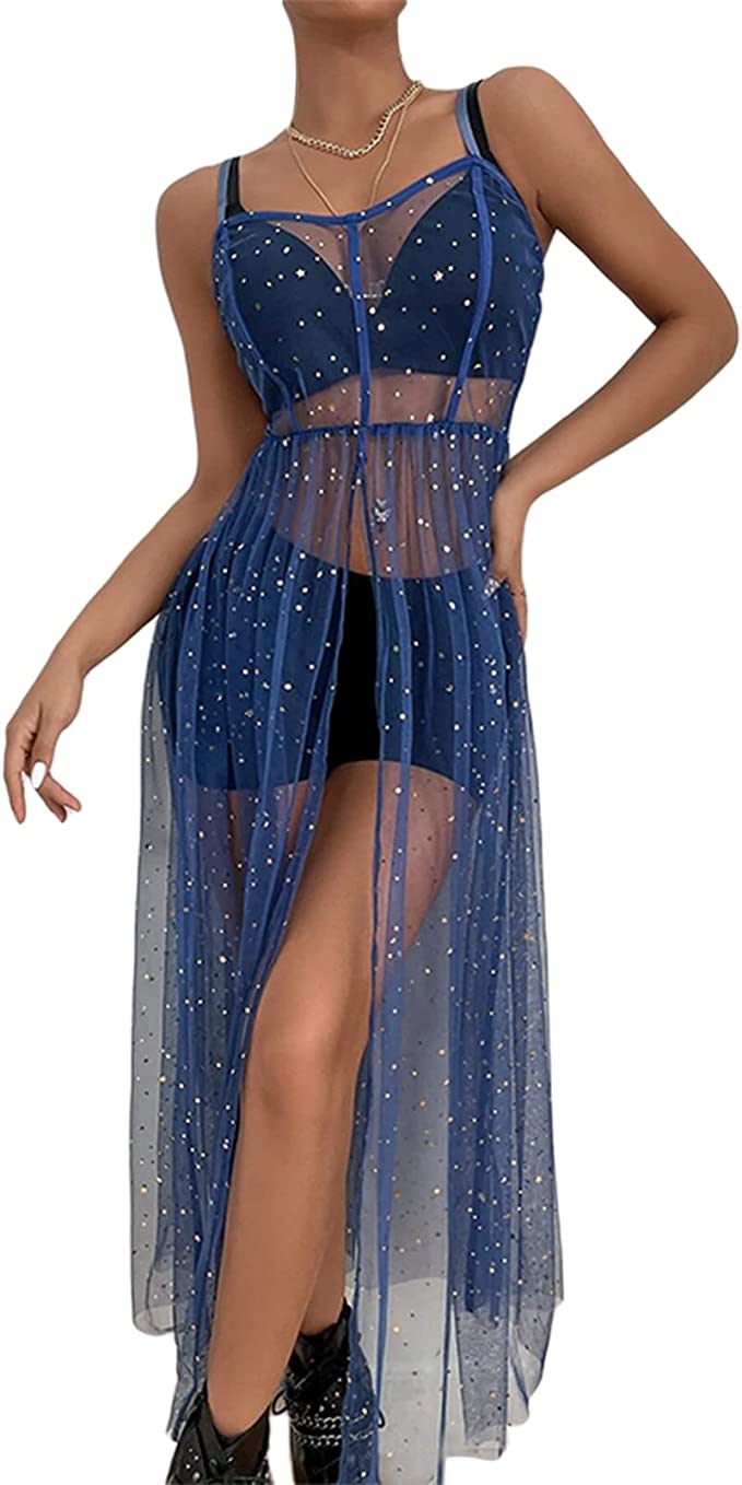 robe longue voile transparent bleu